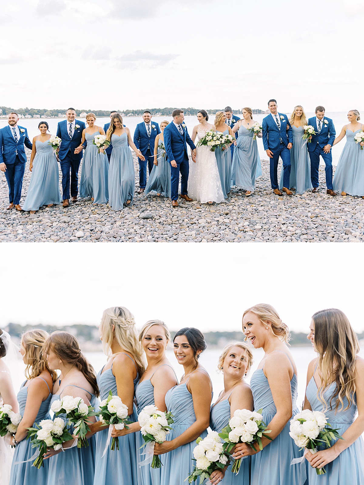 wedding party in dark and light blue with white rose bouquets walk shoreline with bride and groom | Lynne Reznick Photography
