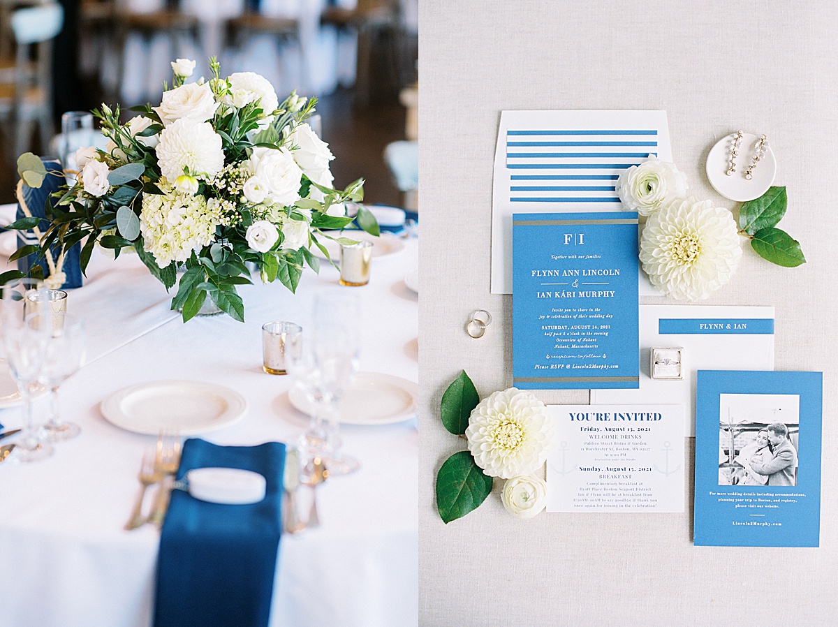 details of nautical wedding stationary, white flowers, and bride and groom rings shot by Lynne Reznick Photography
