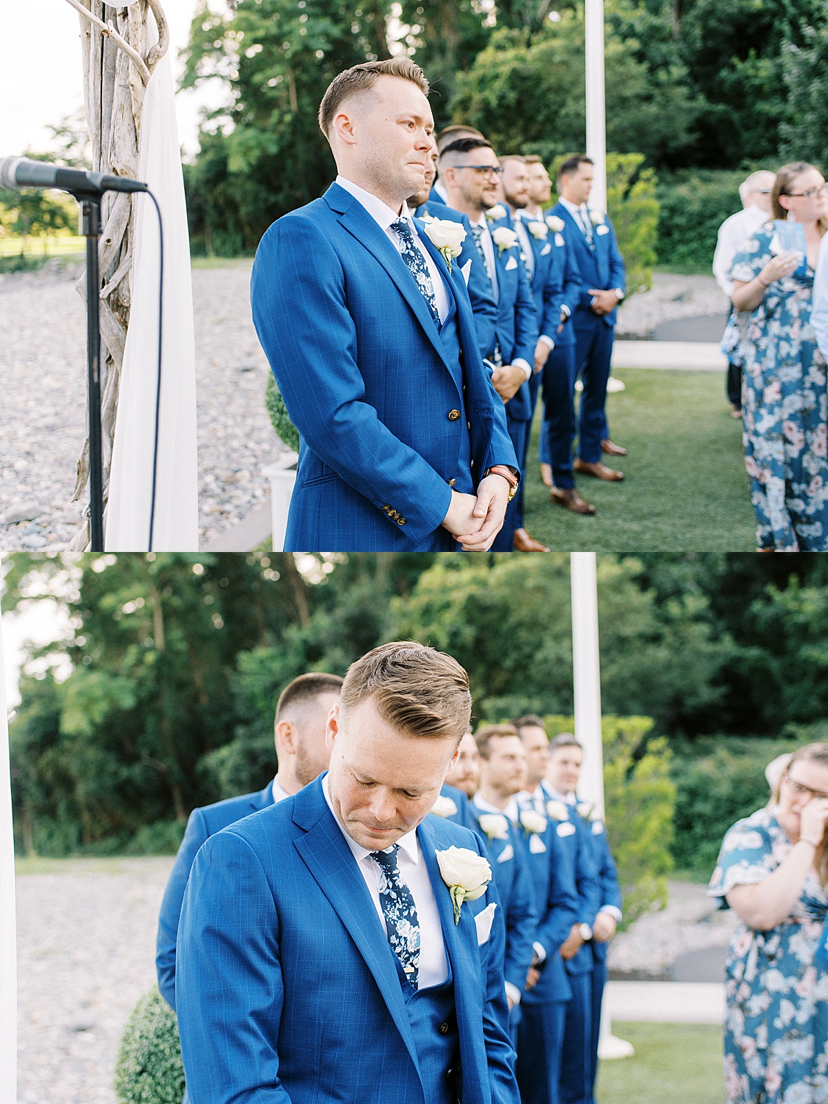 groom in blue suit gets teary eyed watching bride walk up the aisle, shot by Lynne Reznick Photography
