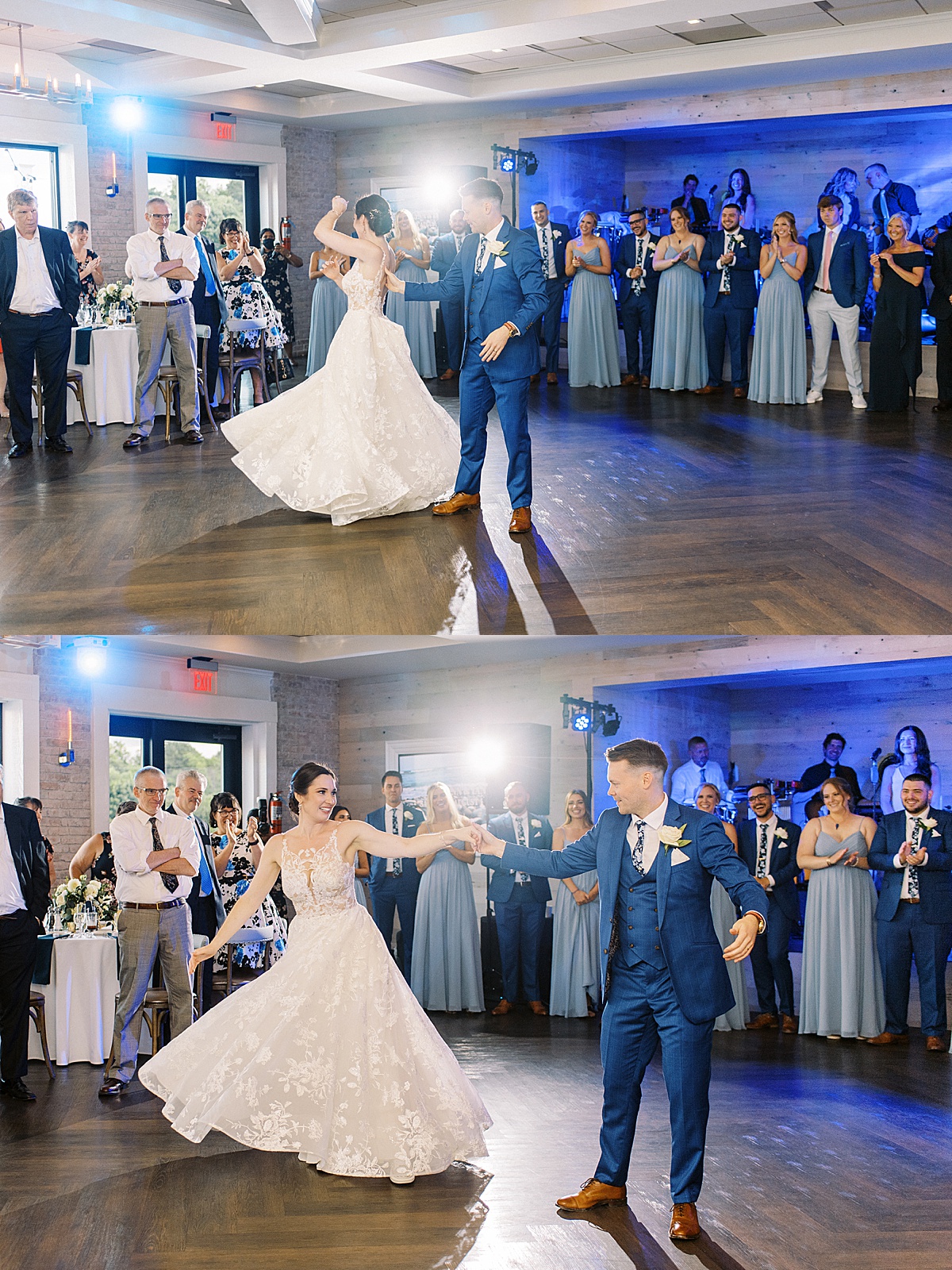 preppy bride and groom share first dance after waterfront wedding shot by Massachusetts wedding photographer