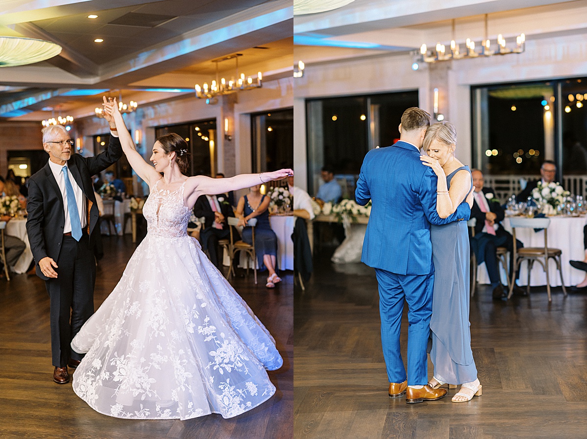 bride and groom share first dances with their parents at classy waterfront reception shot by Massachusetts wedding photographer