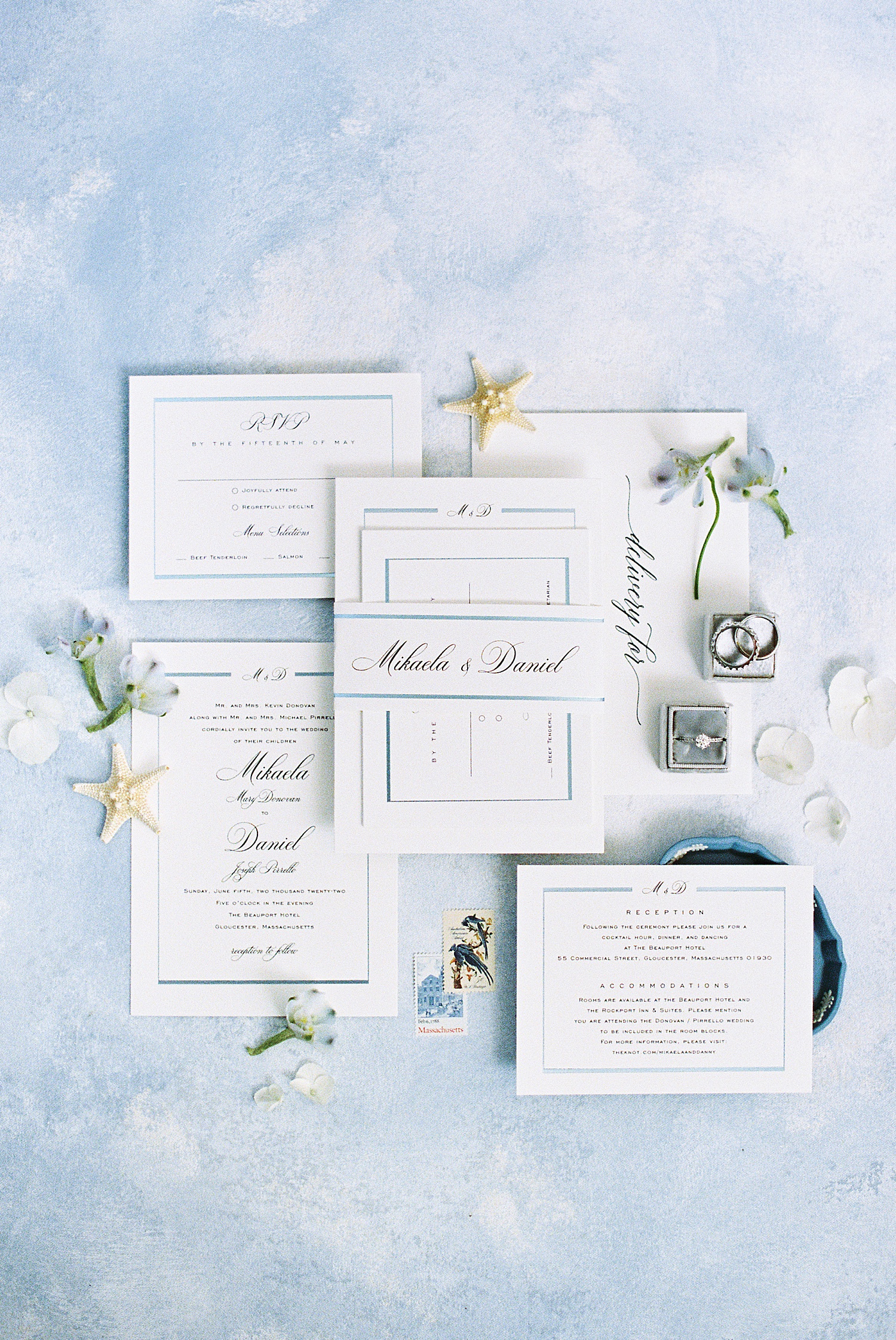 blue nautical themed invitation suite at Beauport Hotel