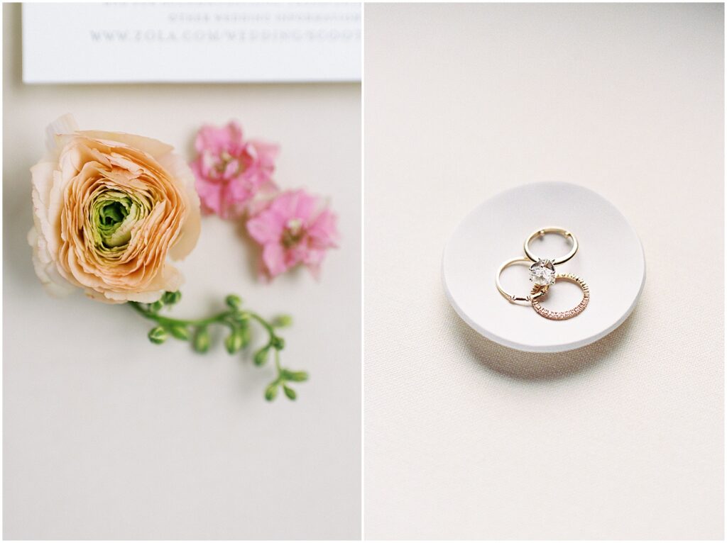 wedding rings and floral details for Spring wedding in the Catskills