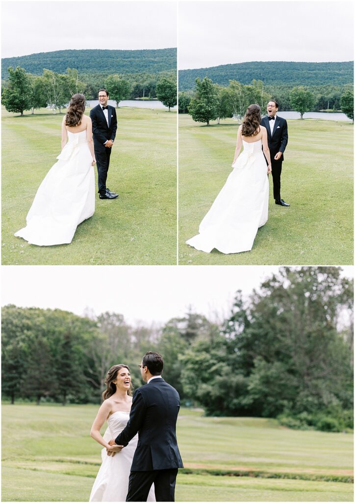 groom has great reaction when seeing bride for first time on tented catskills wedding day