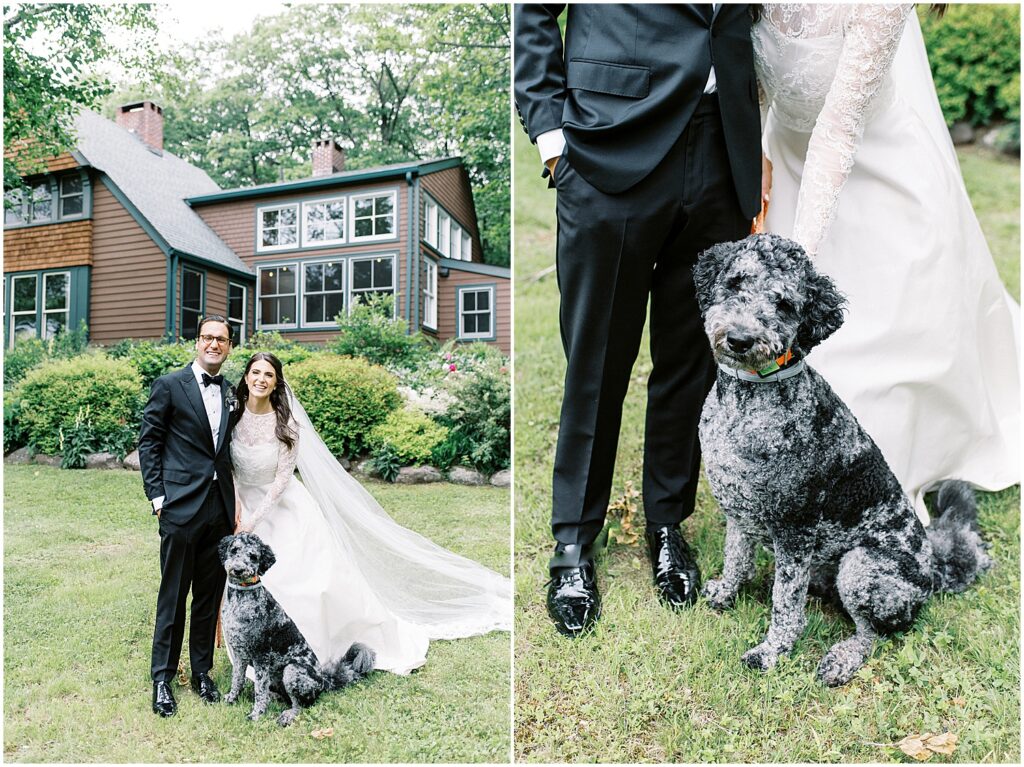 bride and groom pose with their dog during tented Catskills Wedding
