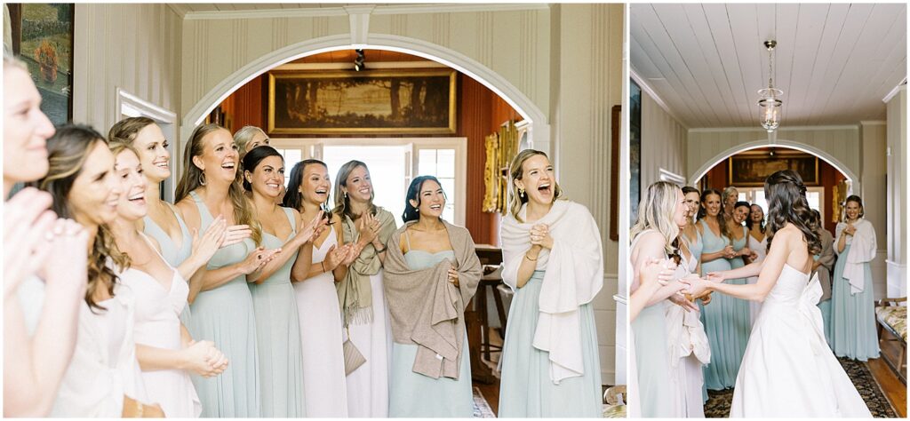 bride reveal moment with bridesmaids