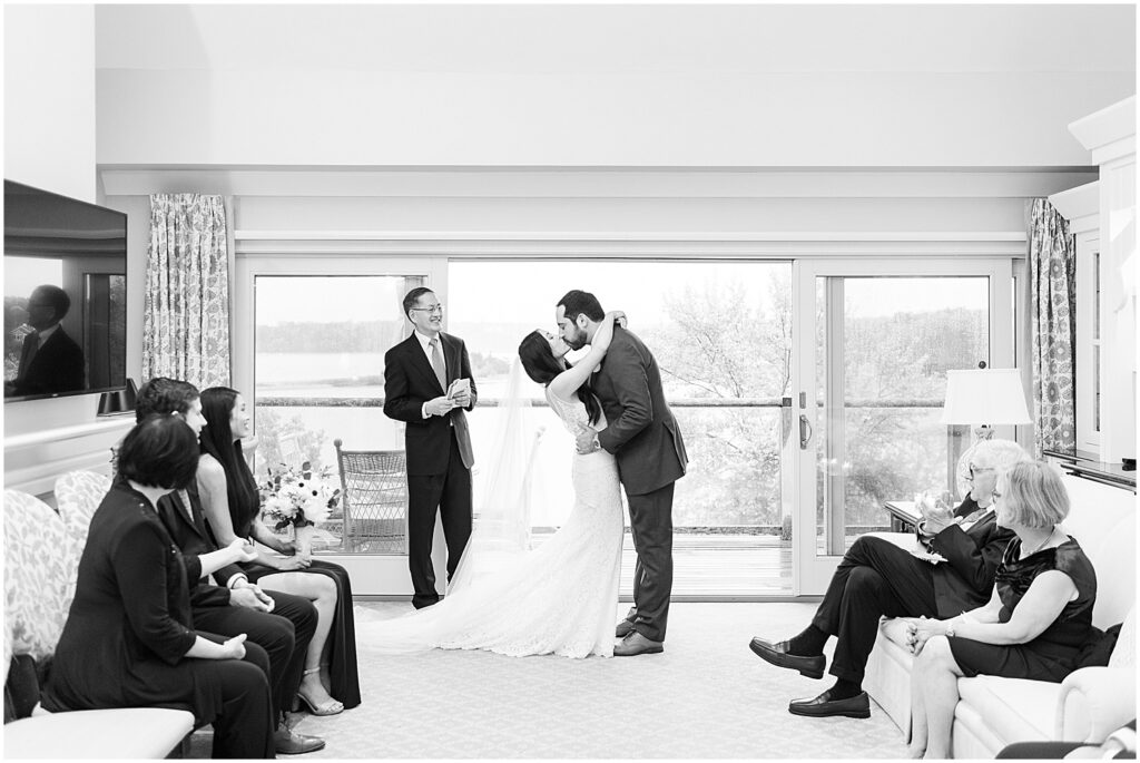 black and white of wequassett wedding ceremony