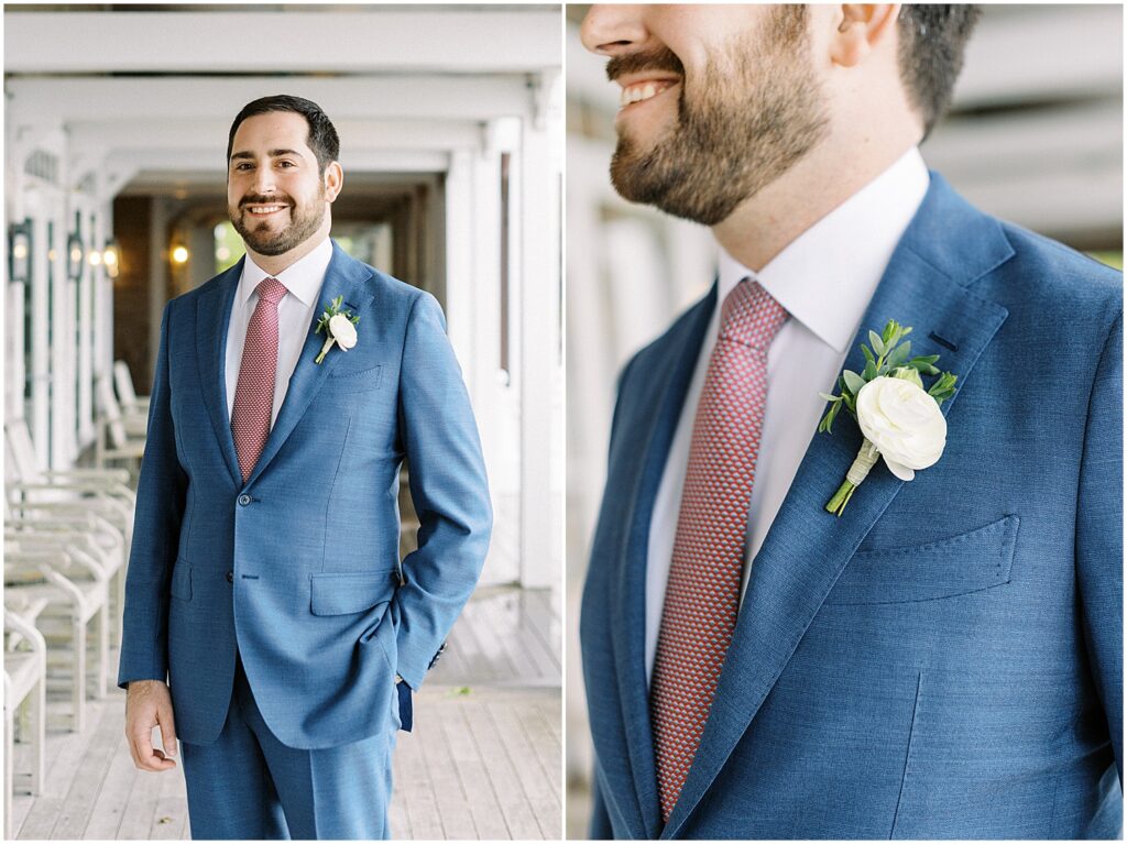 groom dressed in spring suit for wedding on cape cod
