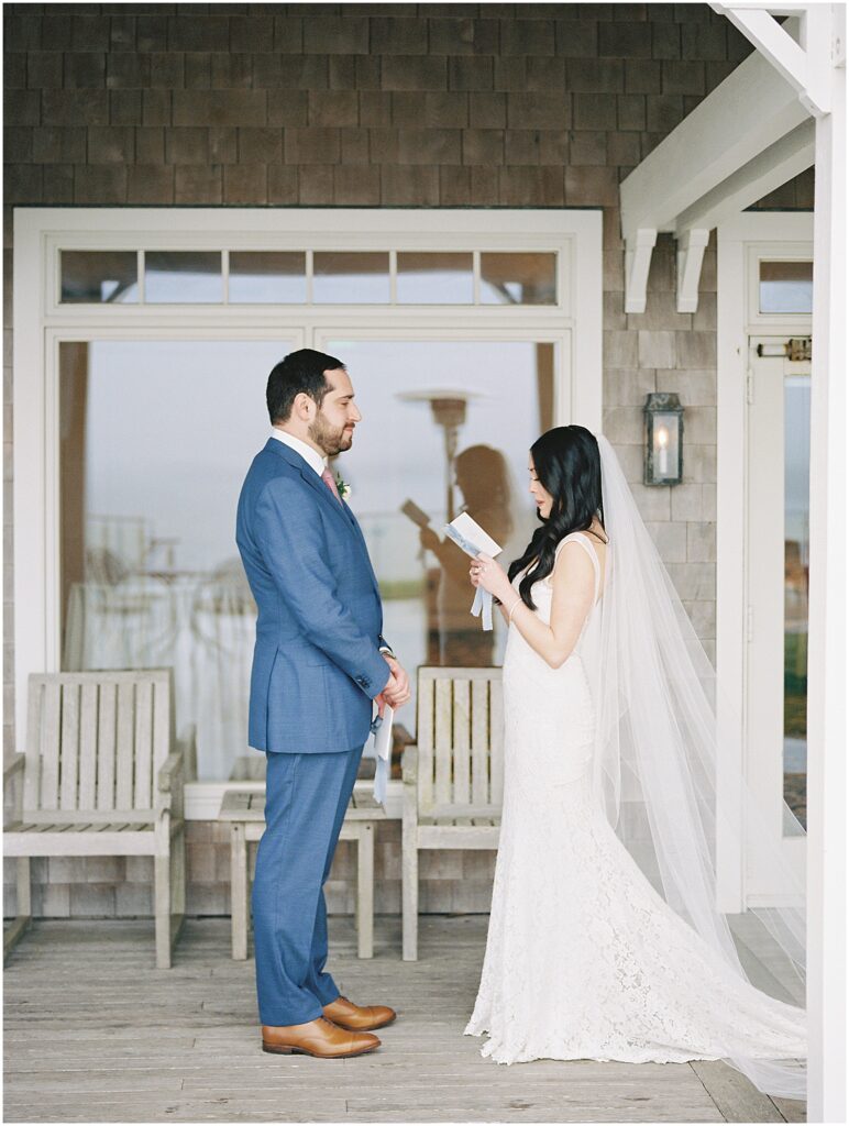 couple exchanges private vows during first look at spring wedding at wequassett resort