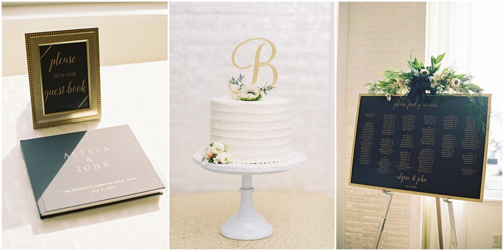 simple preppy wedding day details in navy and white