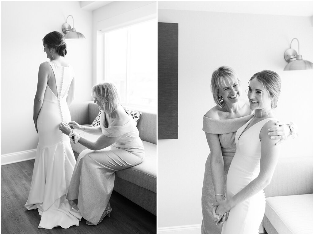 bride gets ready with the help of her mom at the Newport Wyndham hotel