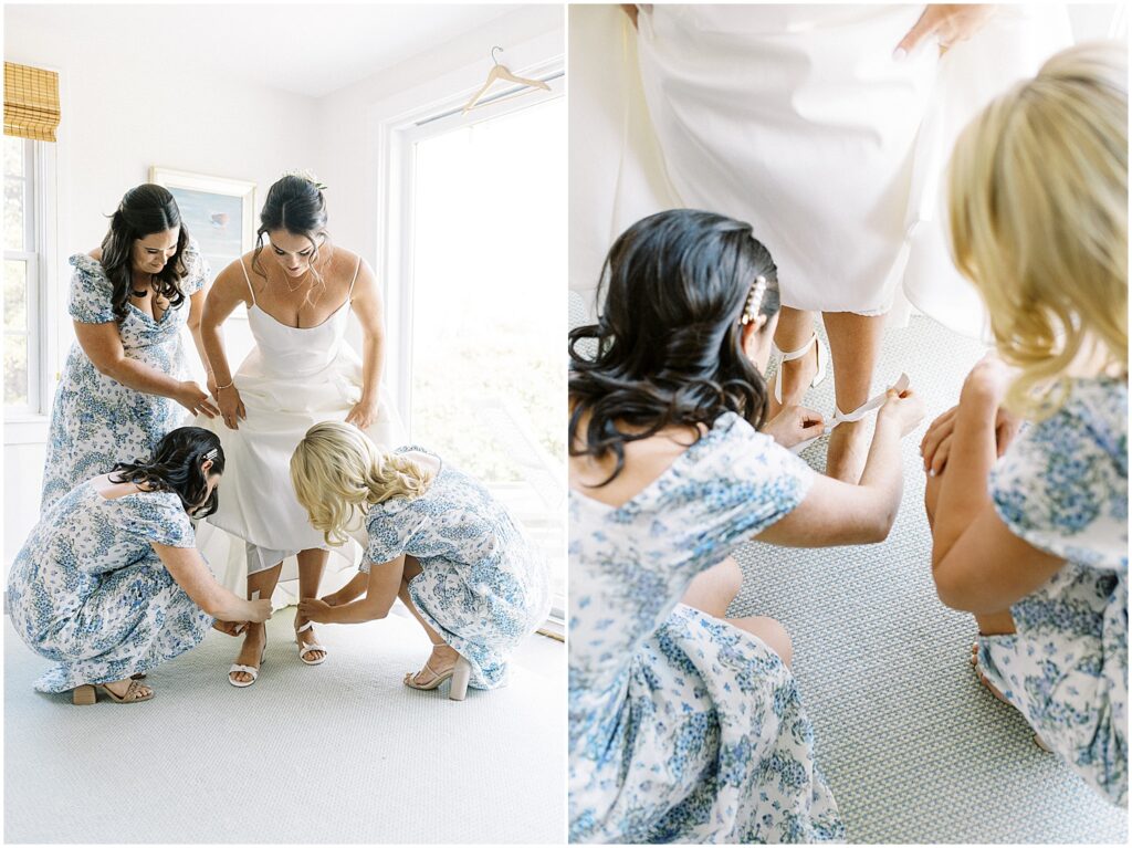 bridesmaids help bride with shoes while getting ready in in Cape Cod