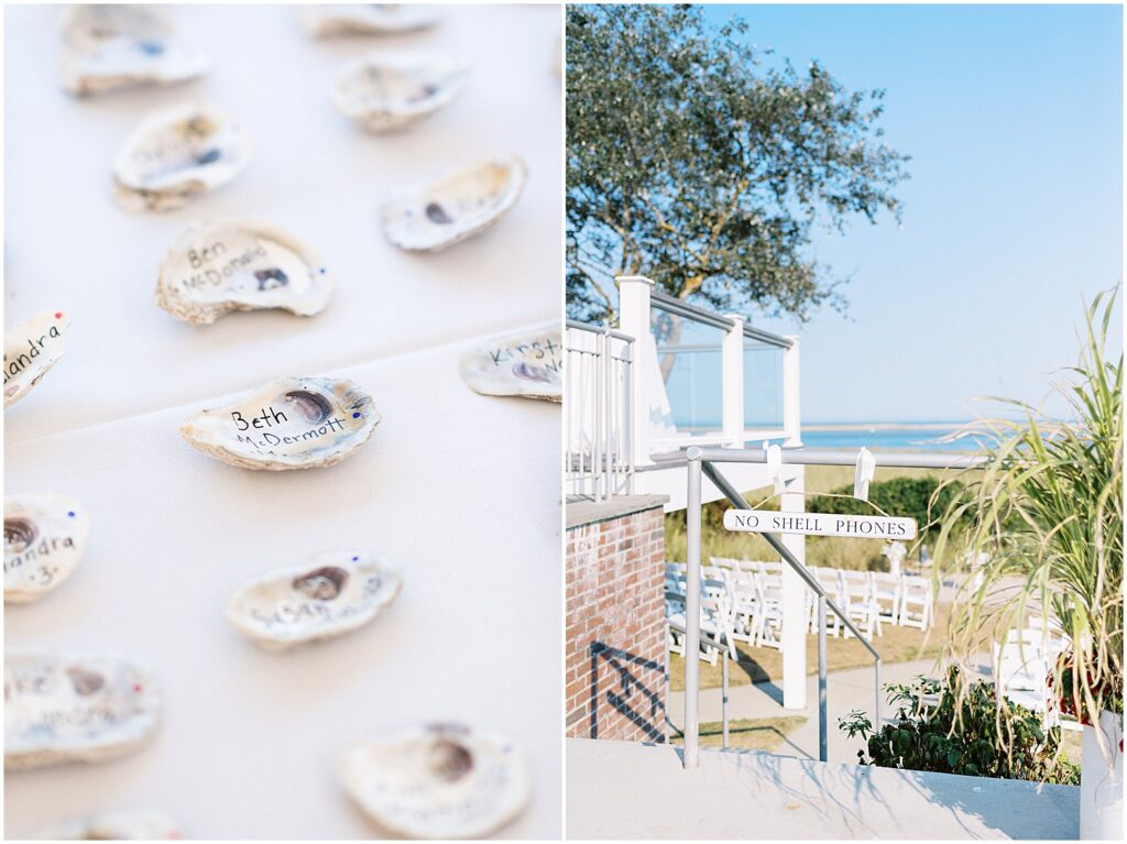 oyster shell escort cards and no shell phones sign for beach wedding 