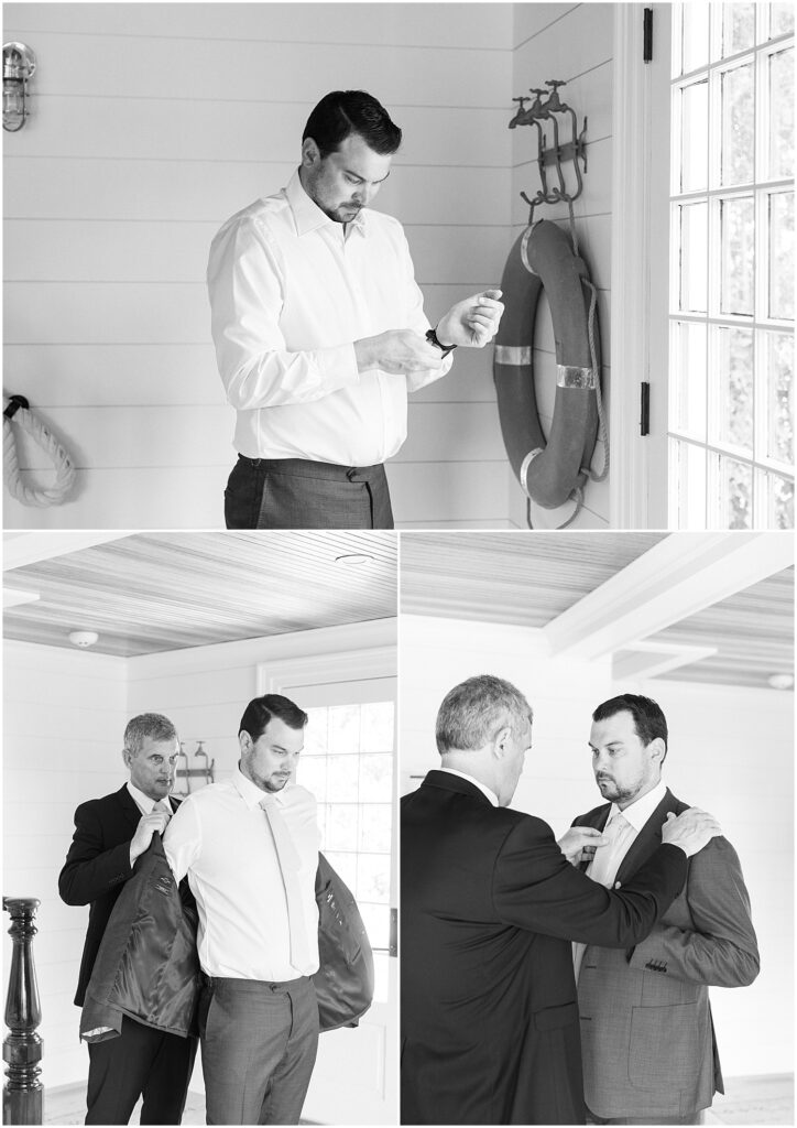 black and white images of groomgetting ready with his dad