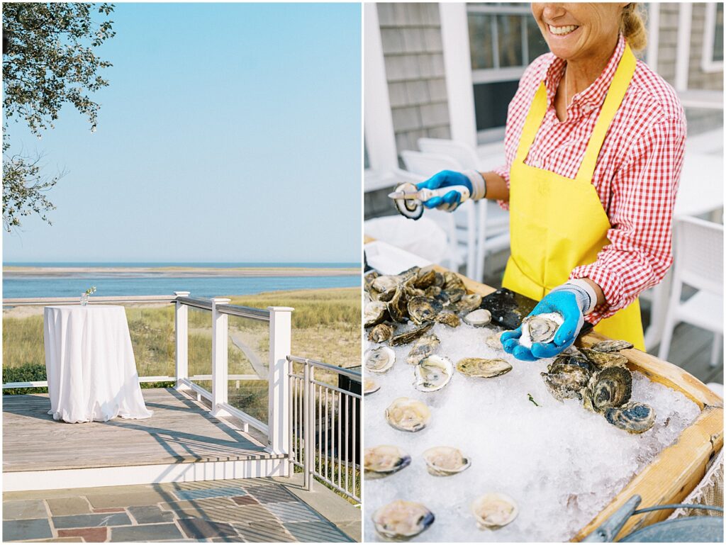 cocktail hour oysters and decor at beach wedding on Cape Cod