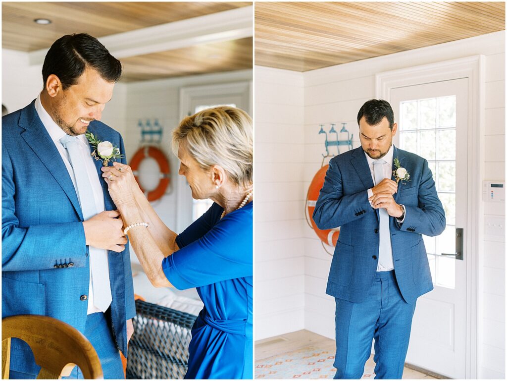 groom gets boutonniere put on by his mom