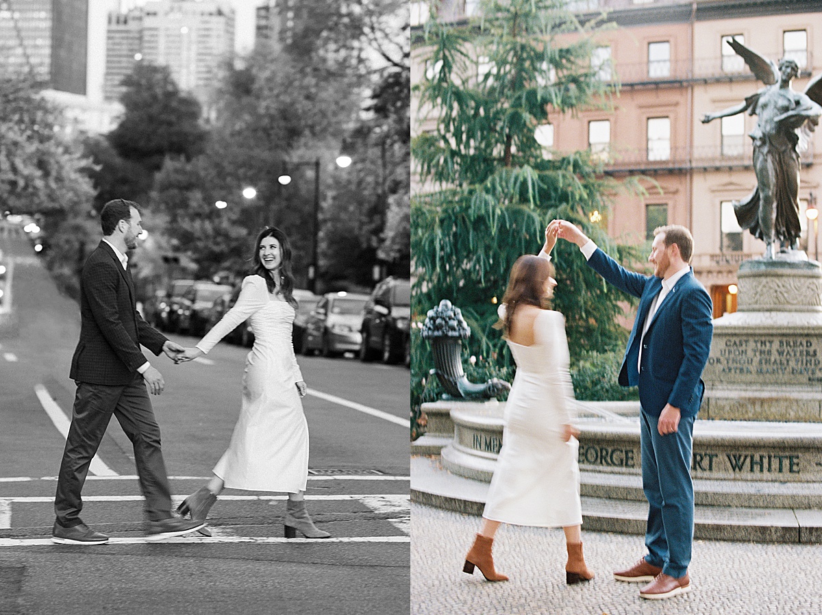 couple dancing and twirling in Public Garden during their engagement photos 