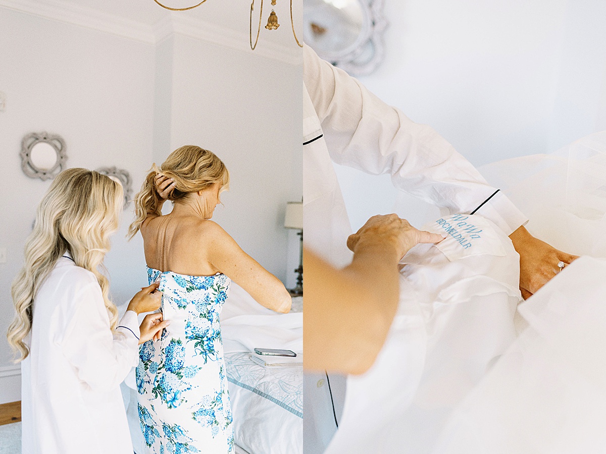 bride helping mom put on dress while a Cape Cod Wedding Photographer takes photos