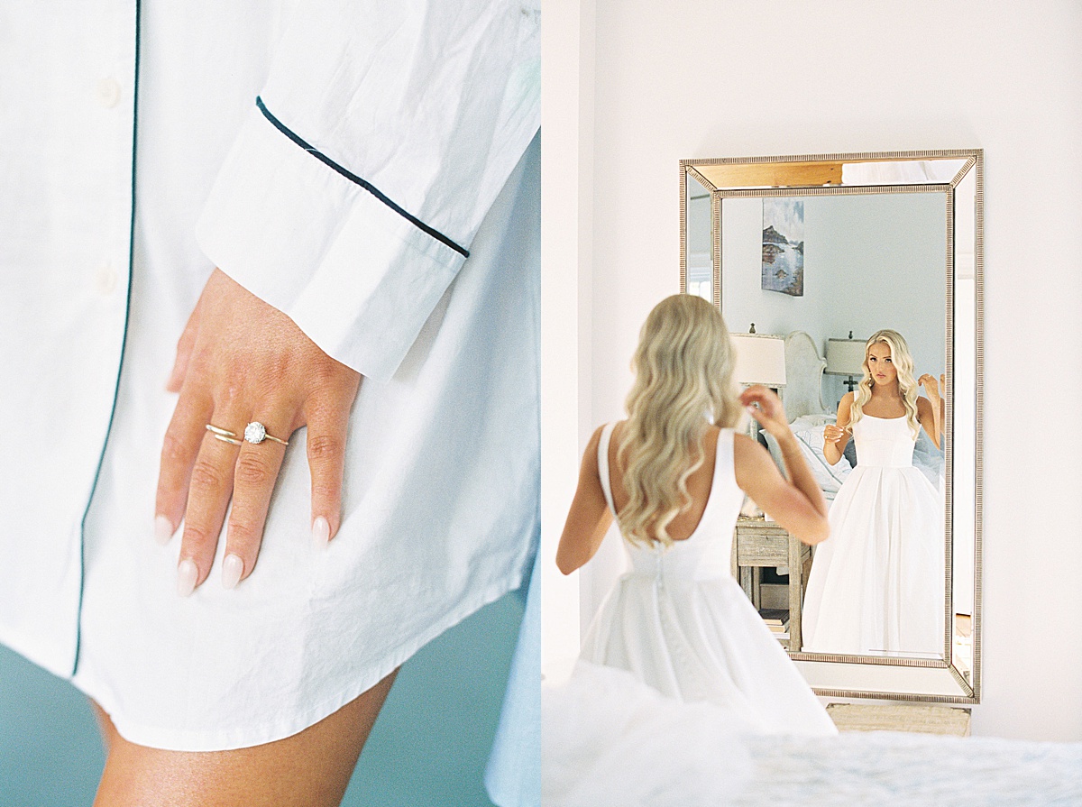 Bride looking in mirror getting ready for her Cap Cod Wedding