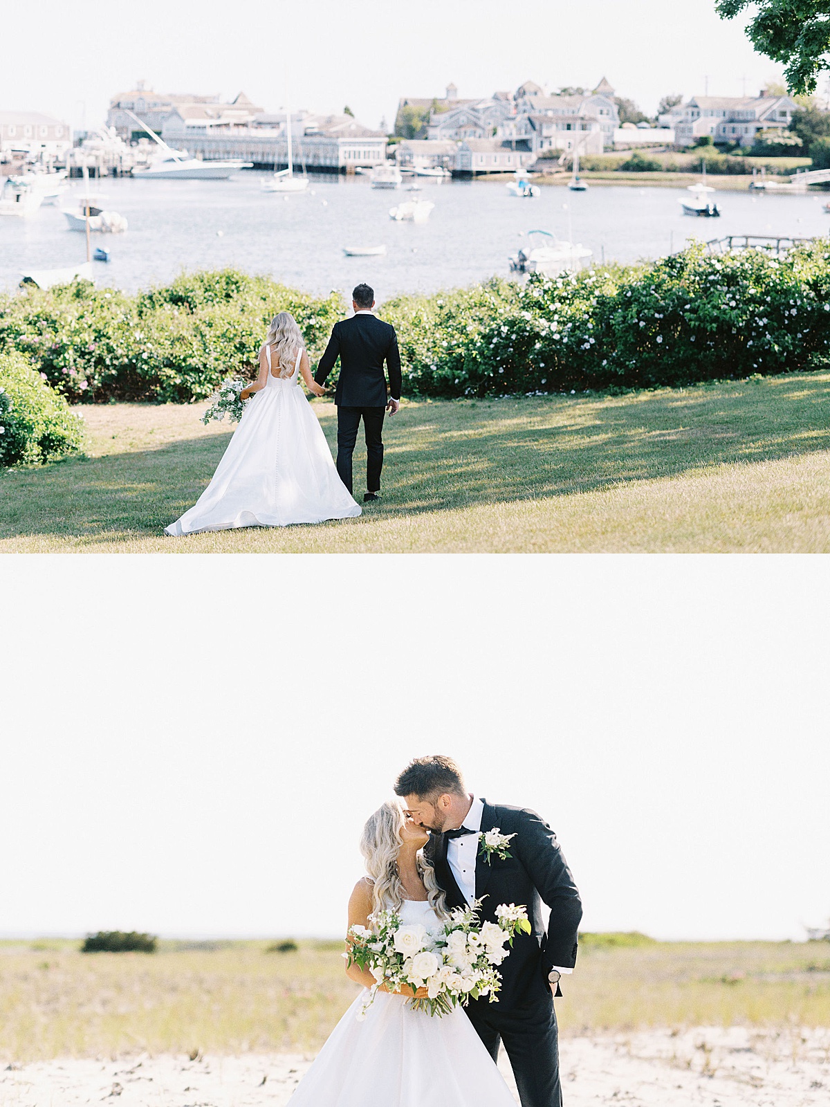 couple kissing in wedding attire for a Cape Cod Wedding