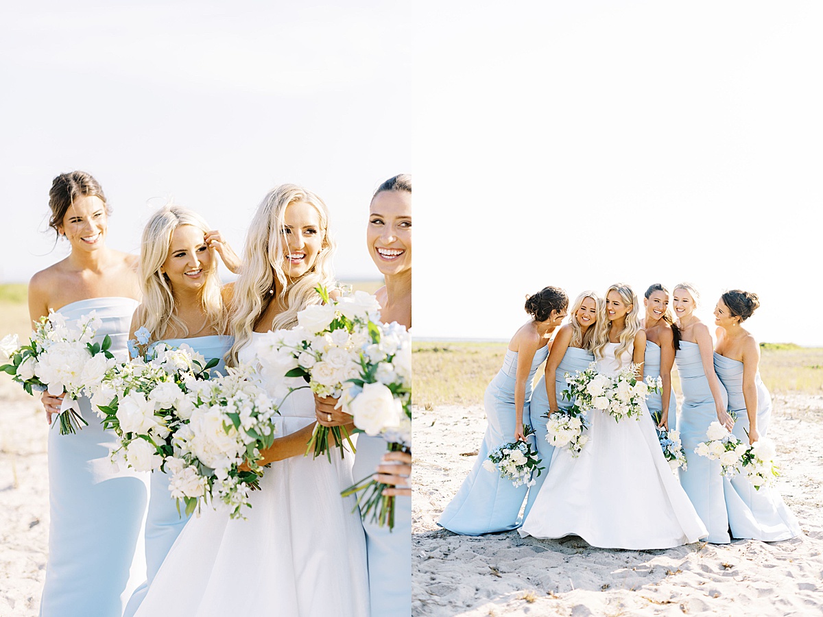 bridesmaids in pale blue dresses smiling at bride captured by Lynne Reznick Photography