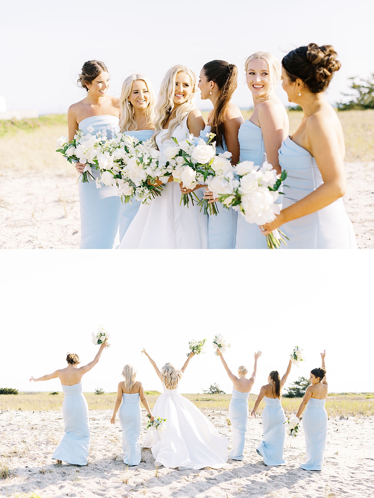 group of girls on beach posing on bride at Wychmere Beach Club wedding