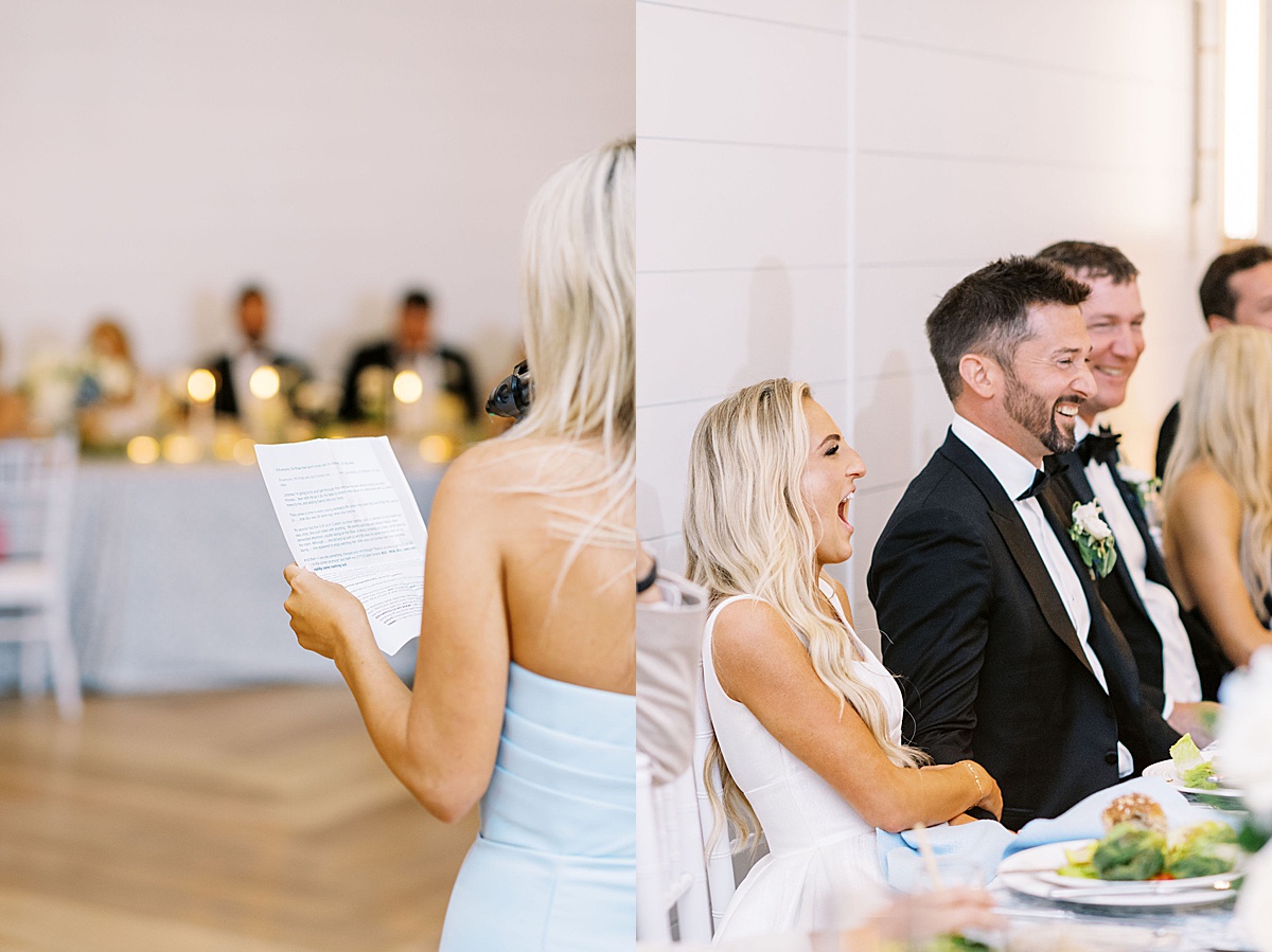 bride laughing at speech captured by Lynne Reznick Photography