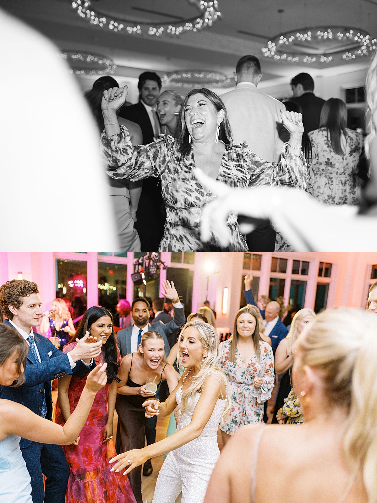 Bride dancing in crowd captured by Cape Cod Wedding Photographer at Wychmere Beach Club