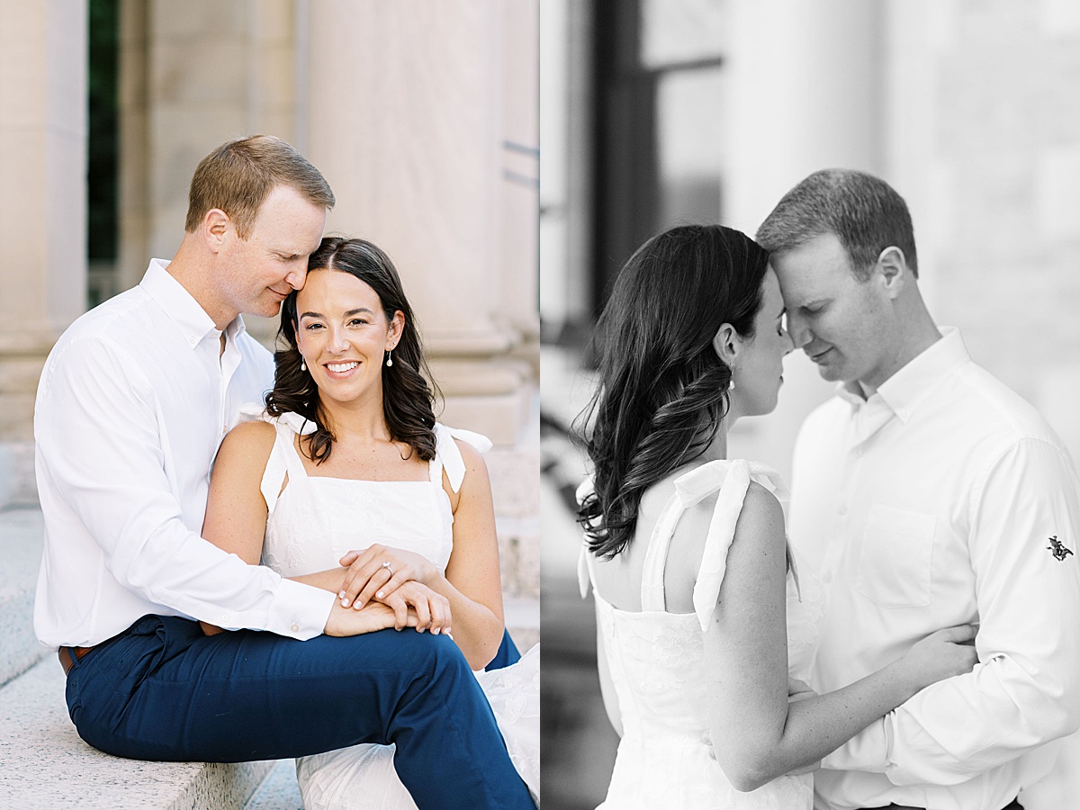 black and white of couple during their golf course engagement session by Boston engagement photographer