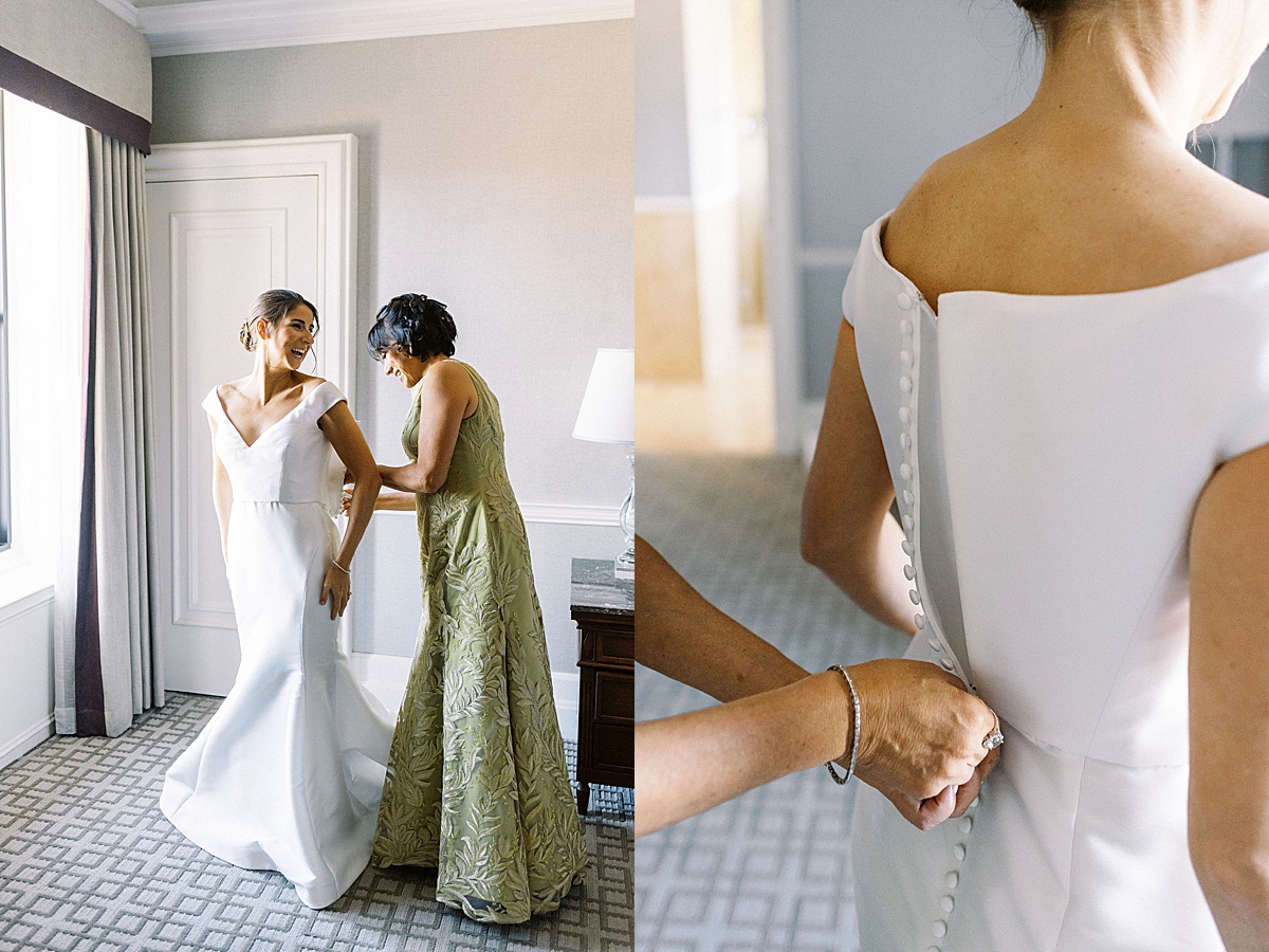 mom helping bride zip up dress captured by Lynne Reznick Photography