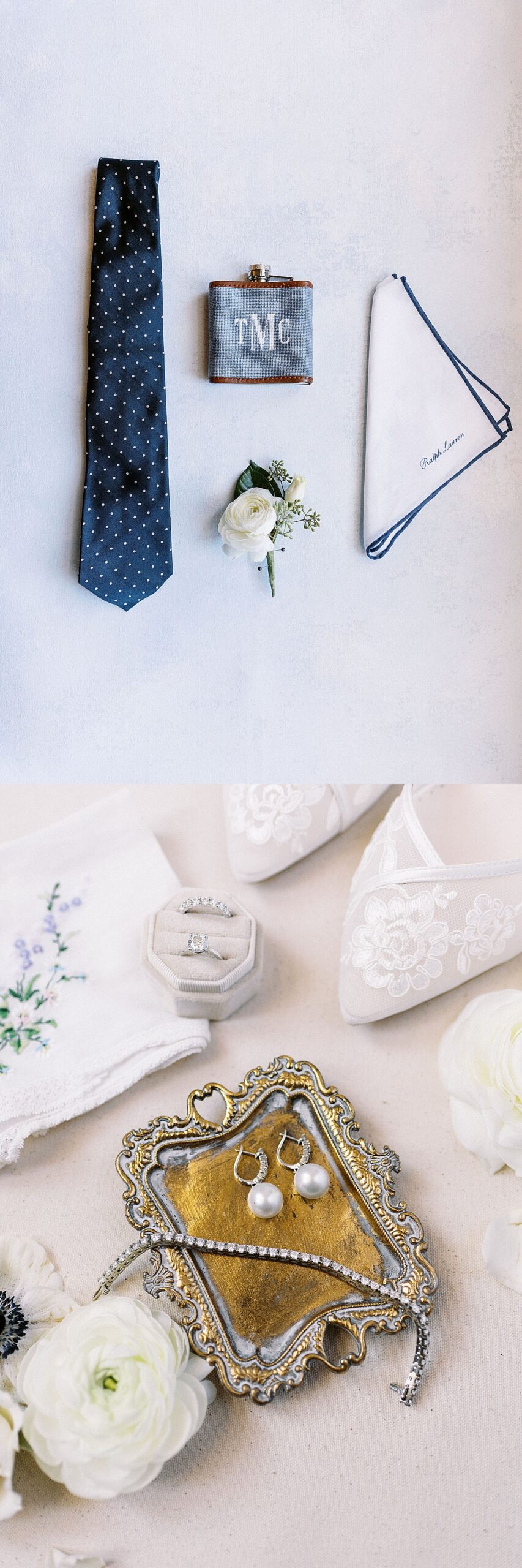 groom and bride wedding details on a flat lay image captured by Boston wedding photographer