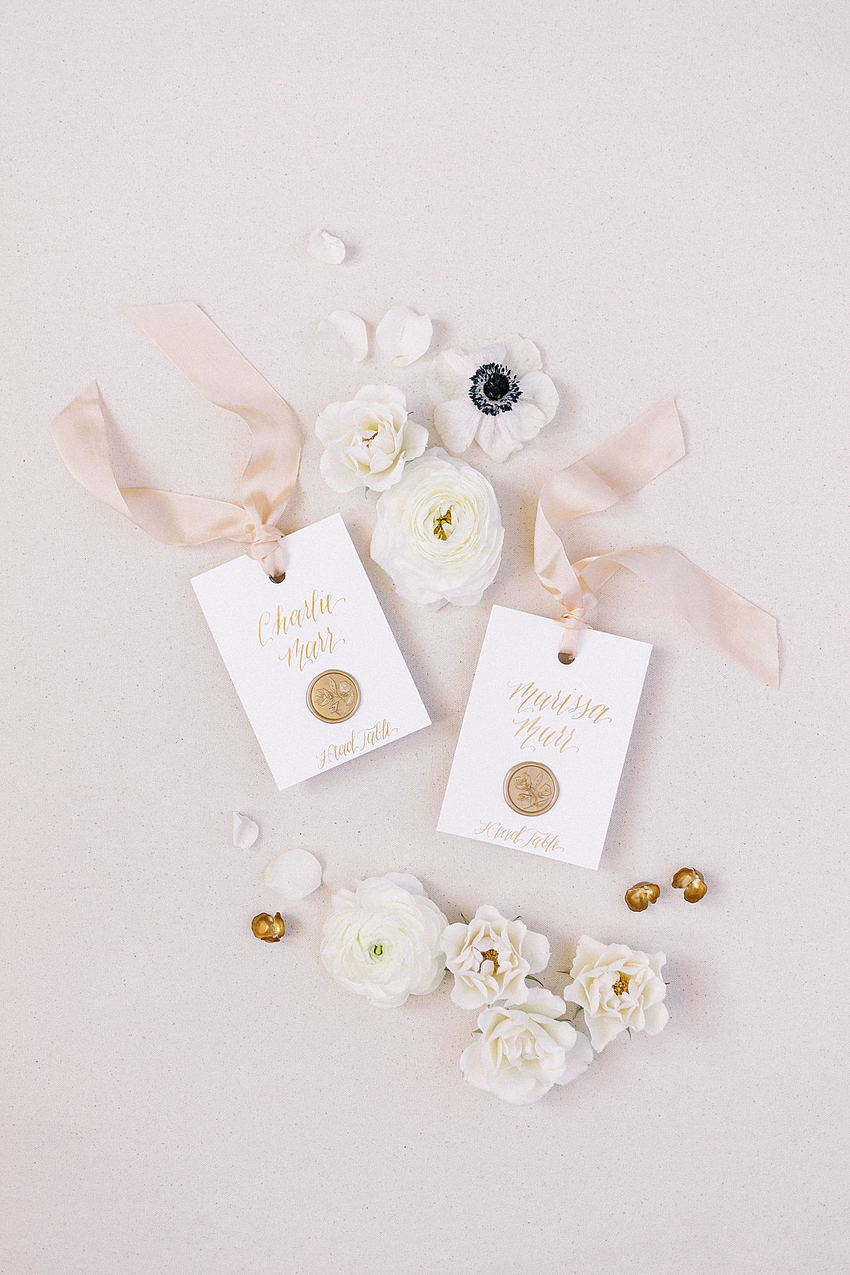 wedding escort cards flat lay with ribbon and gold seal captured by Boston Wedding Photographer