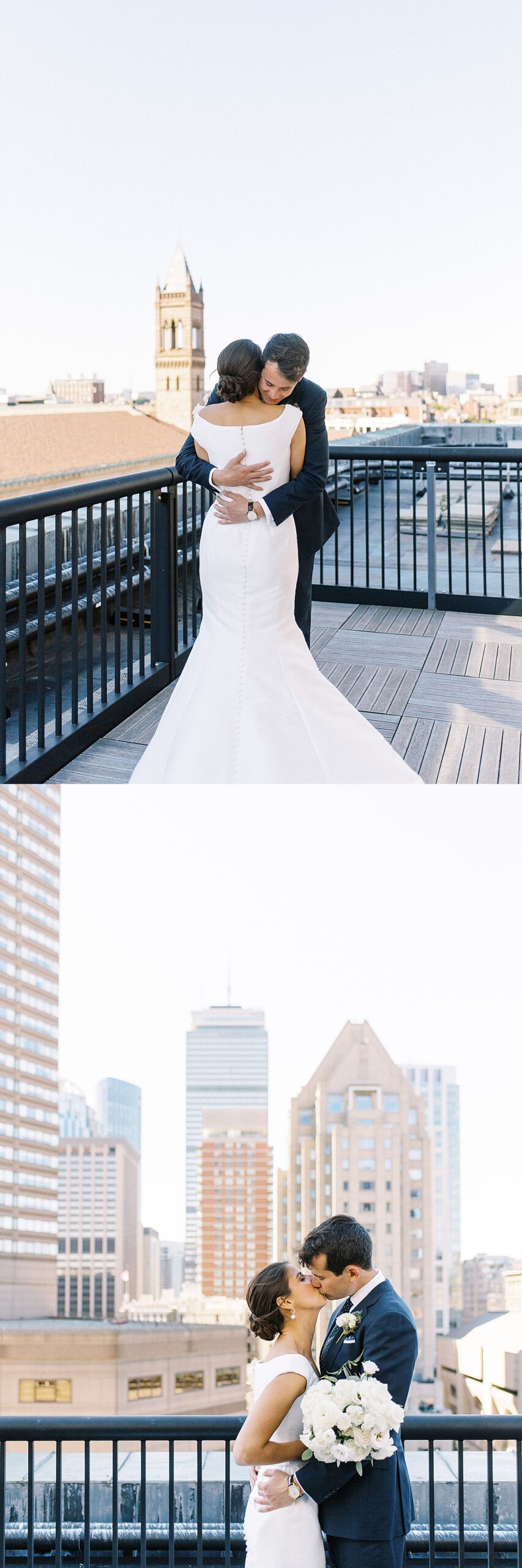 man and woman hugging on roof top captured by Boston Wedding Photographer