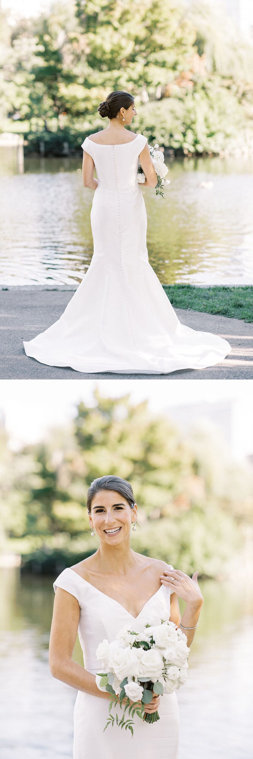 bride in a wedding dress by water captured by Boston Wedding Photographer 