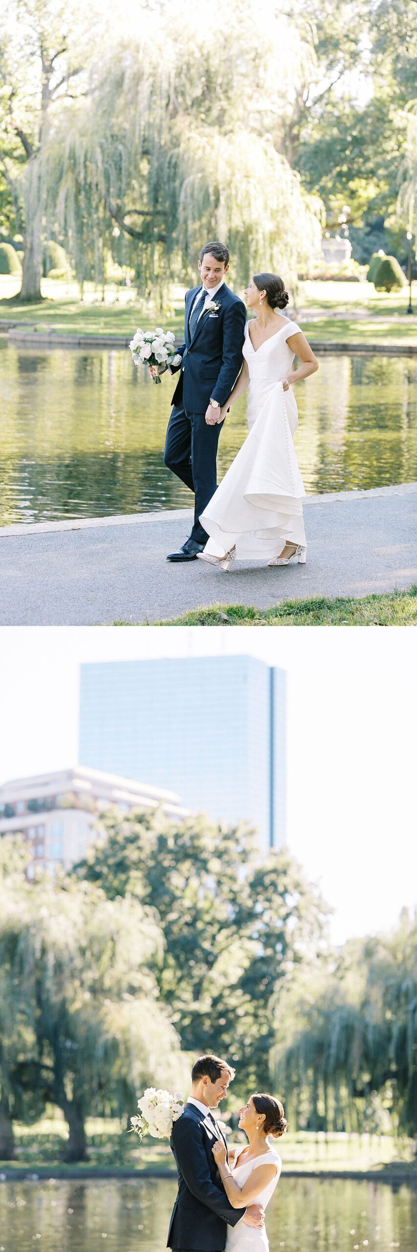 bride and groom walking in Boston Public Garden captured by Lynne Reznick Photography 