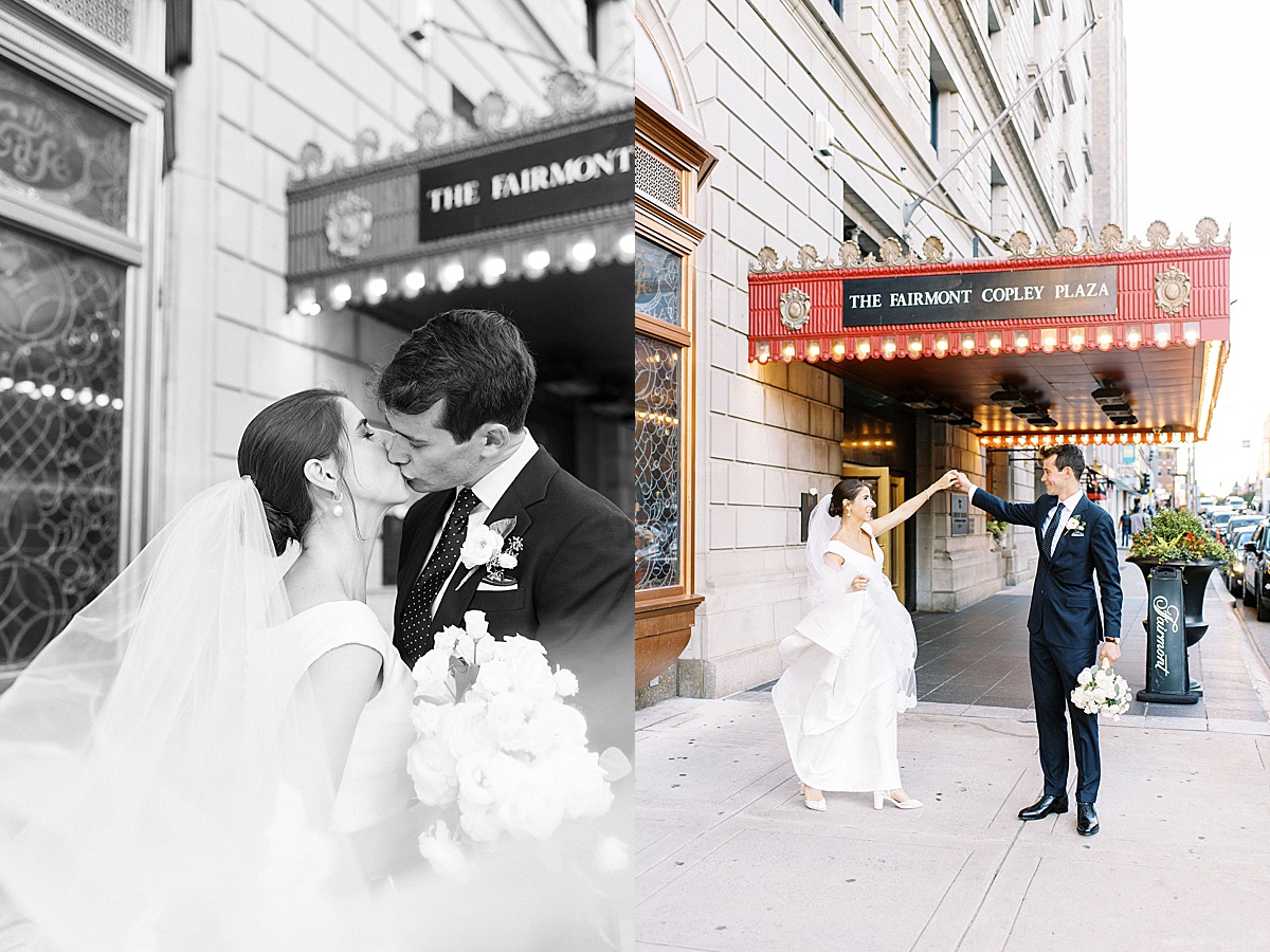 bride and groom kissing in front of Fairmont Copley Plaza in Boston