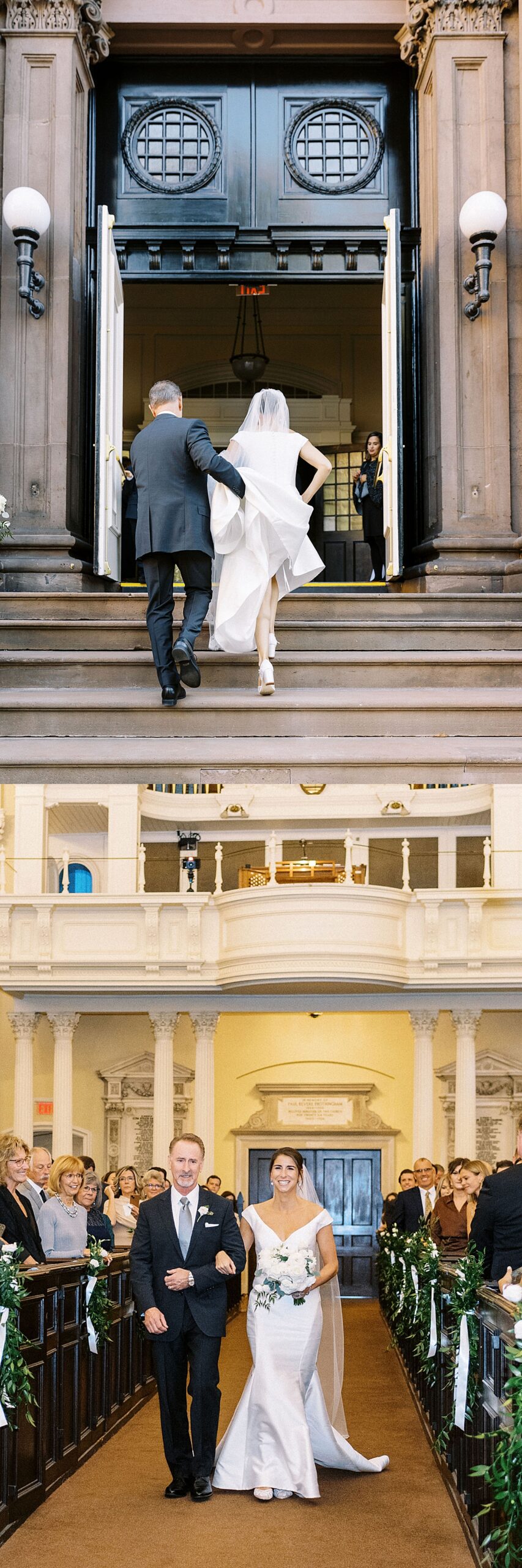 bride walking up steps to the church captured by Lynne Reznick Photography 