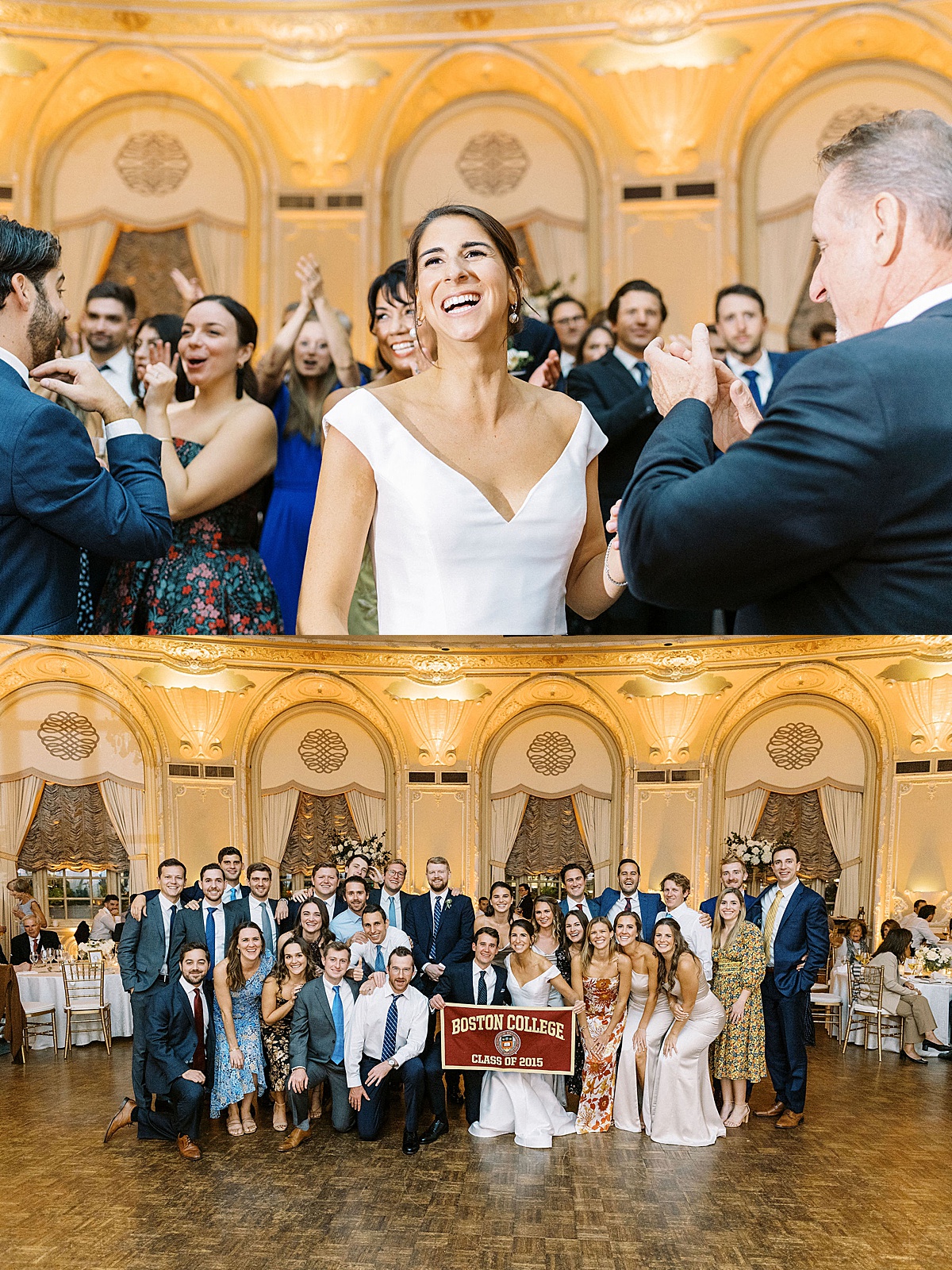 group photo of a people who attended Boston College captured by Boston wedding photographer