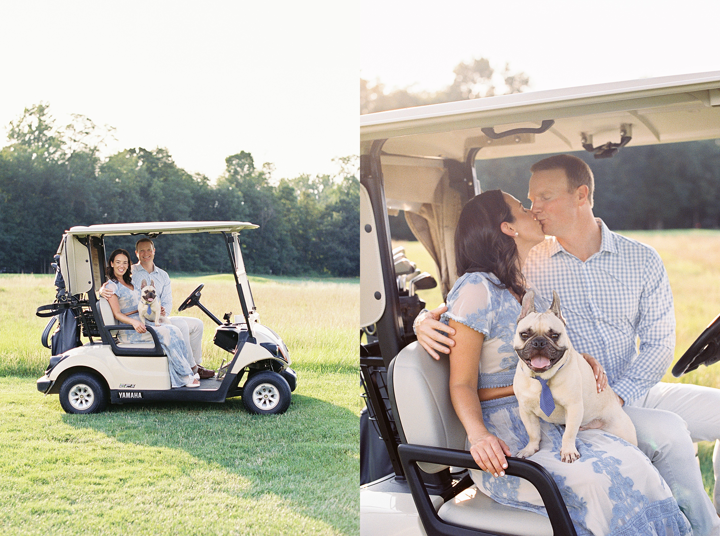 sunny golf couple in golf cart for engagement session with dog