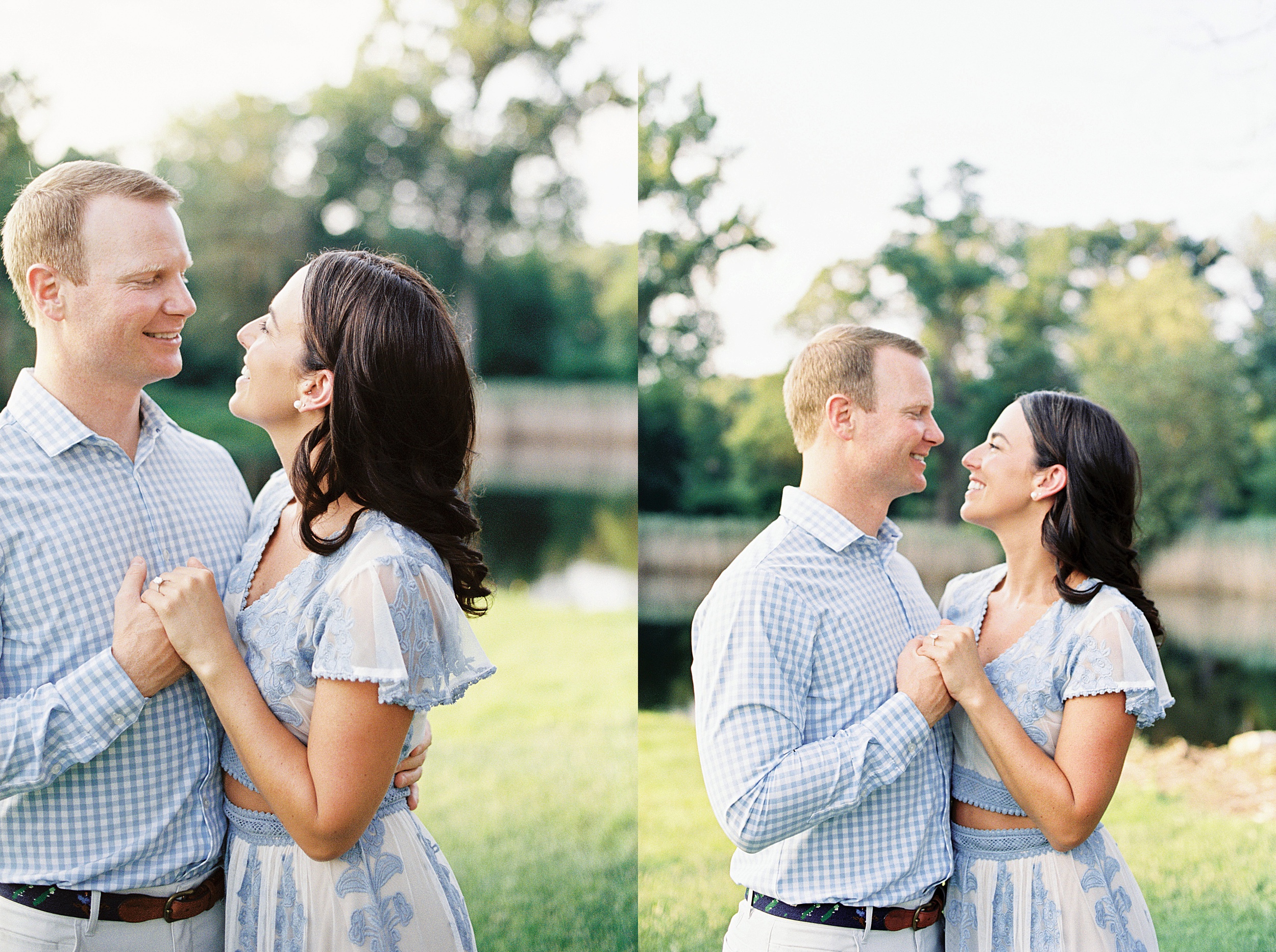 couple in blue and white outfits with frenchie pose on golf course for their engagement session with Boston wedding photographer Lynne Reznick