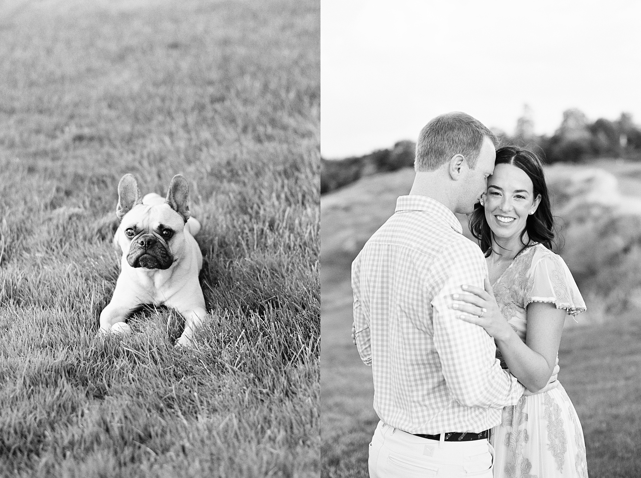 black and white of couple during country club engagement session on golf course 