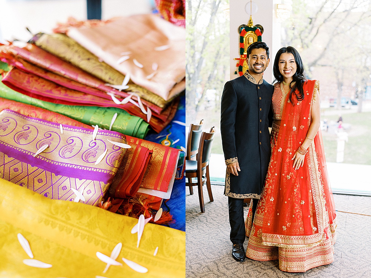 bride and groom smiling at camera in their indian cultural attire captured by Boston Wedding Photographer