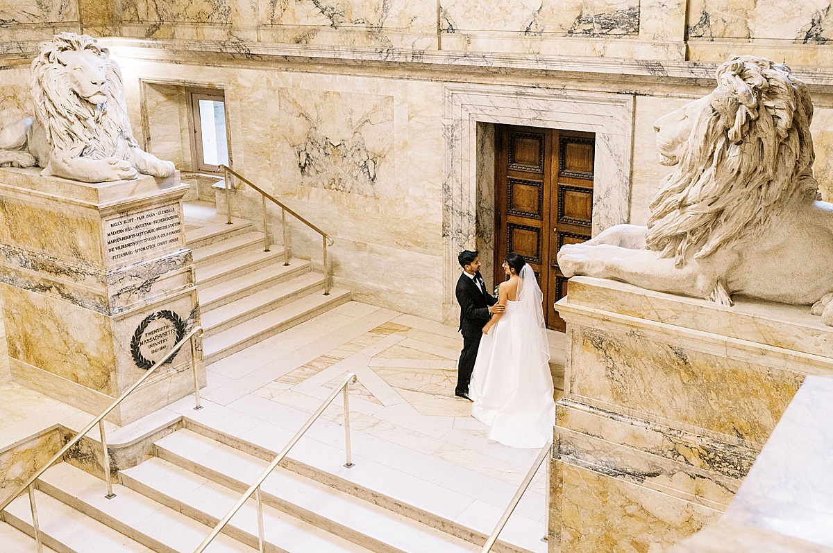 first look with bride and groom at Boston Public Library