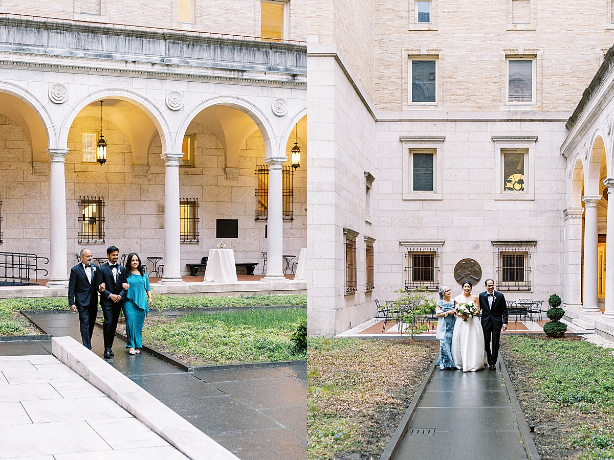 parents walking bride and groom down aisle for Boston Public Library Wedding 