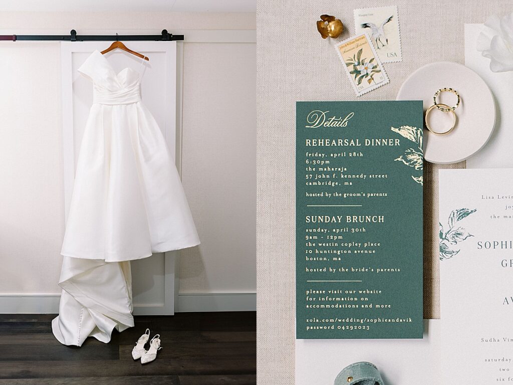 wedding dress hanging and wedding invitation captured by Boston Wedding Photographer