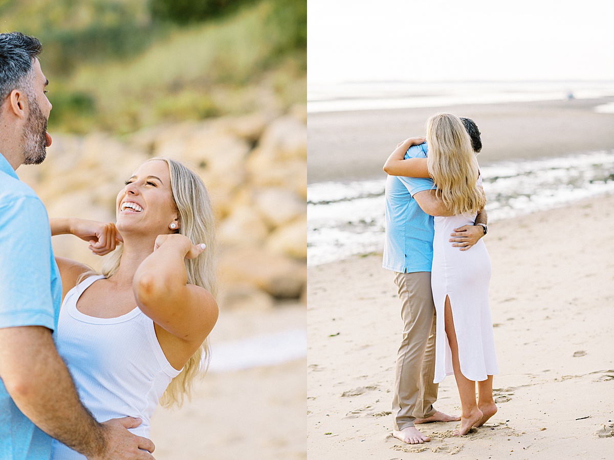 man and woman walking on the beach for their engagement shoot with a Cape Cod Wedding Photographer