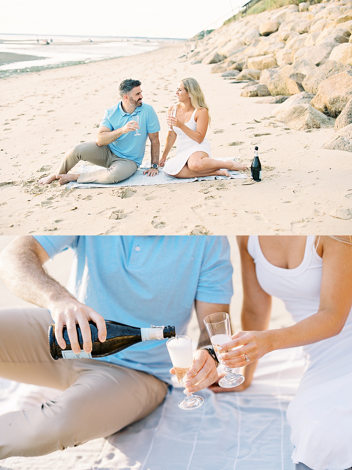 couple sitting on the beach during Cape Cod engagement session