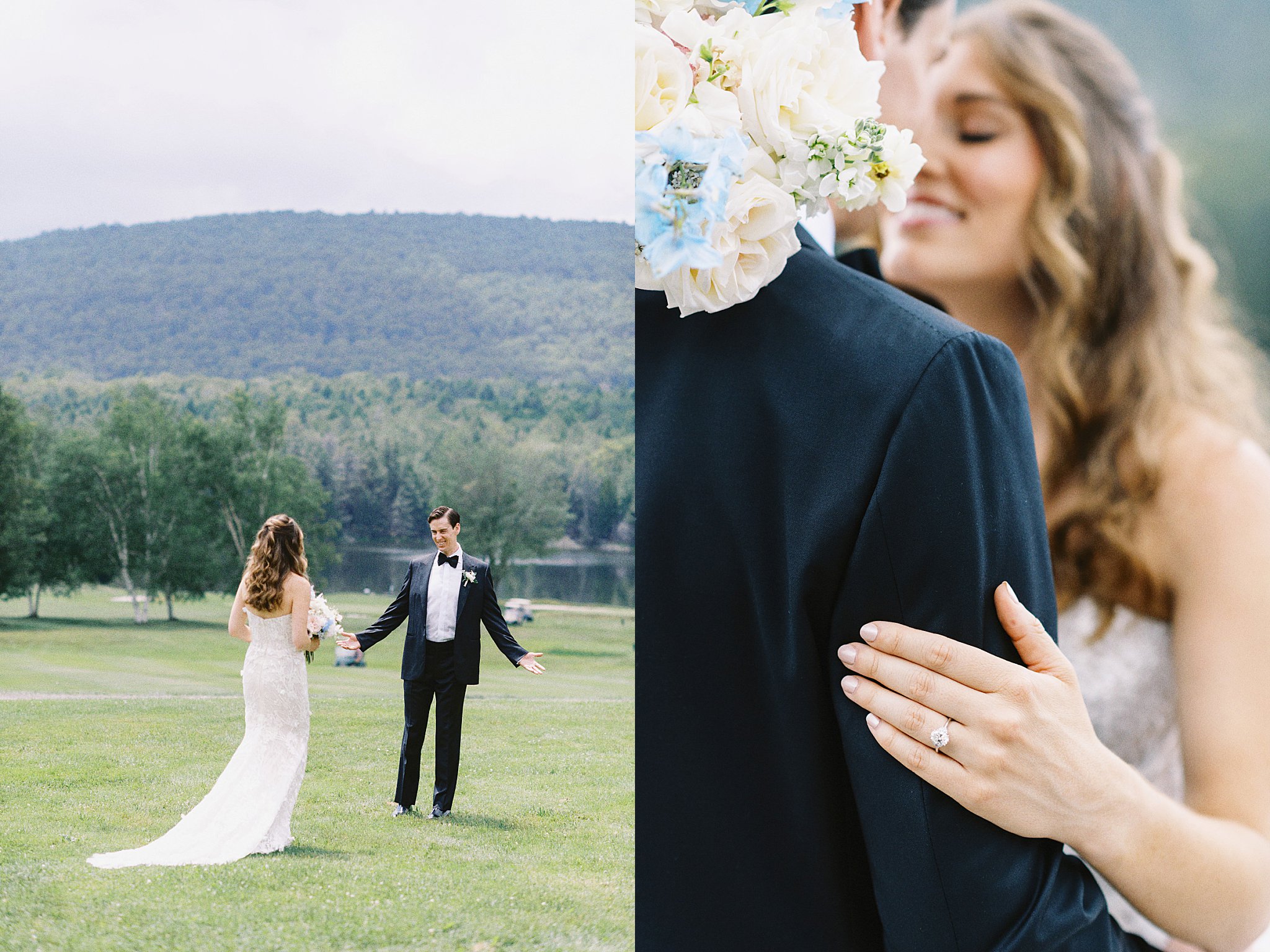 man holds out arms as he sees bride for first time by Catskills wedding photographer