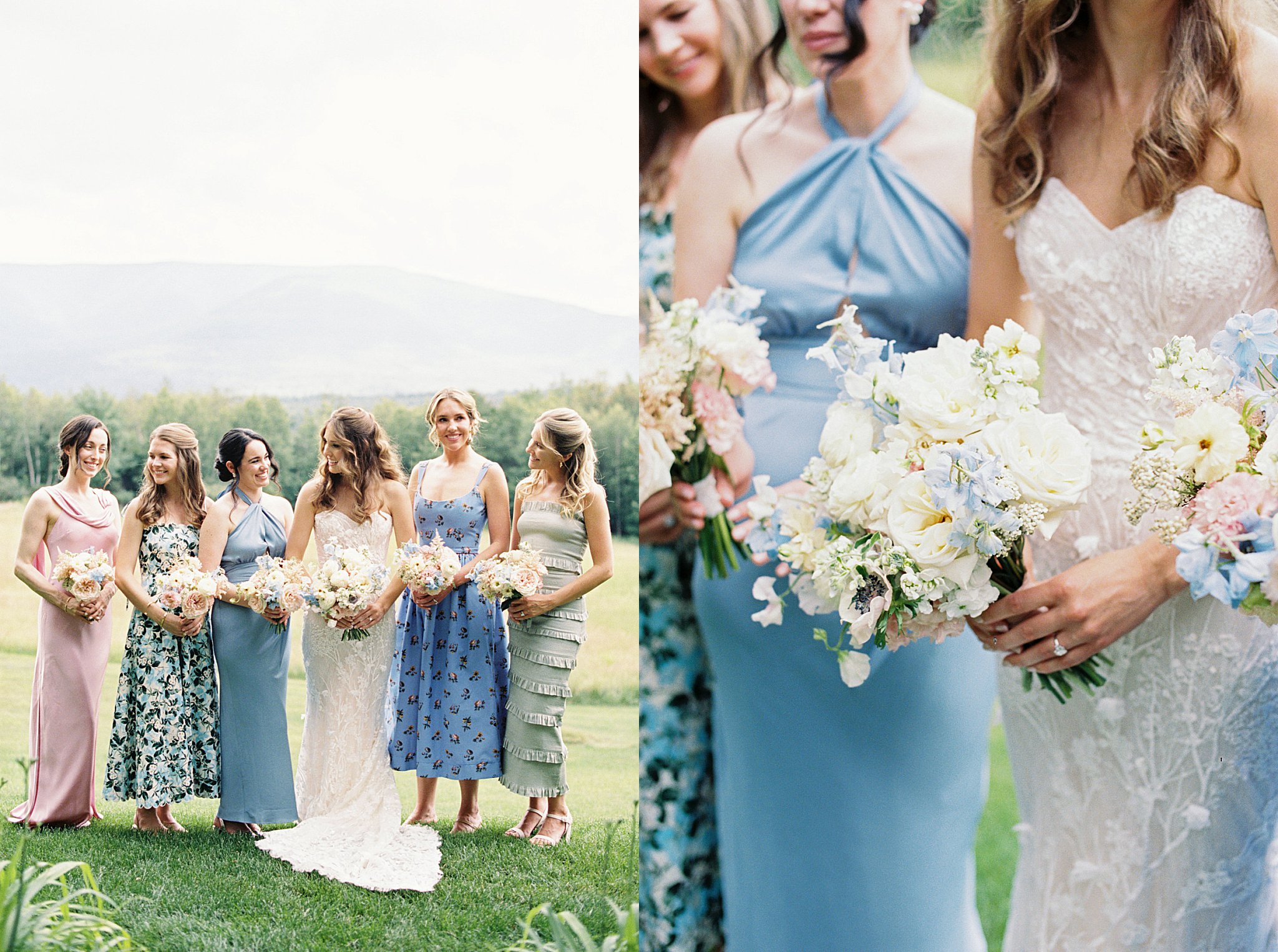 bridesmaids wear pastel and floral dresses standing on the lawn by Lynne Reznick Photography 