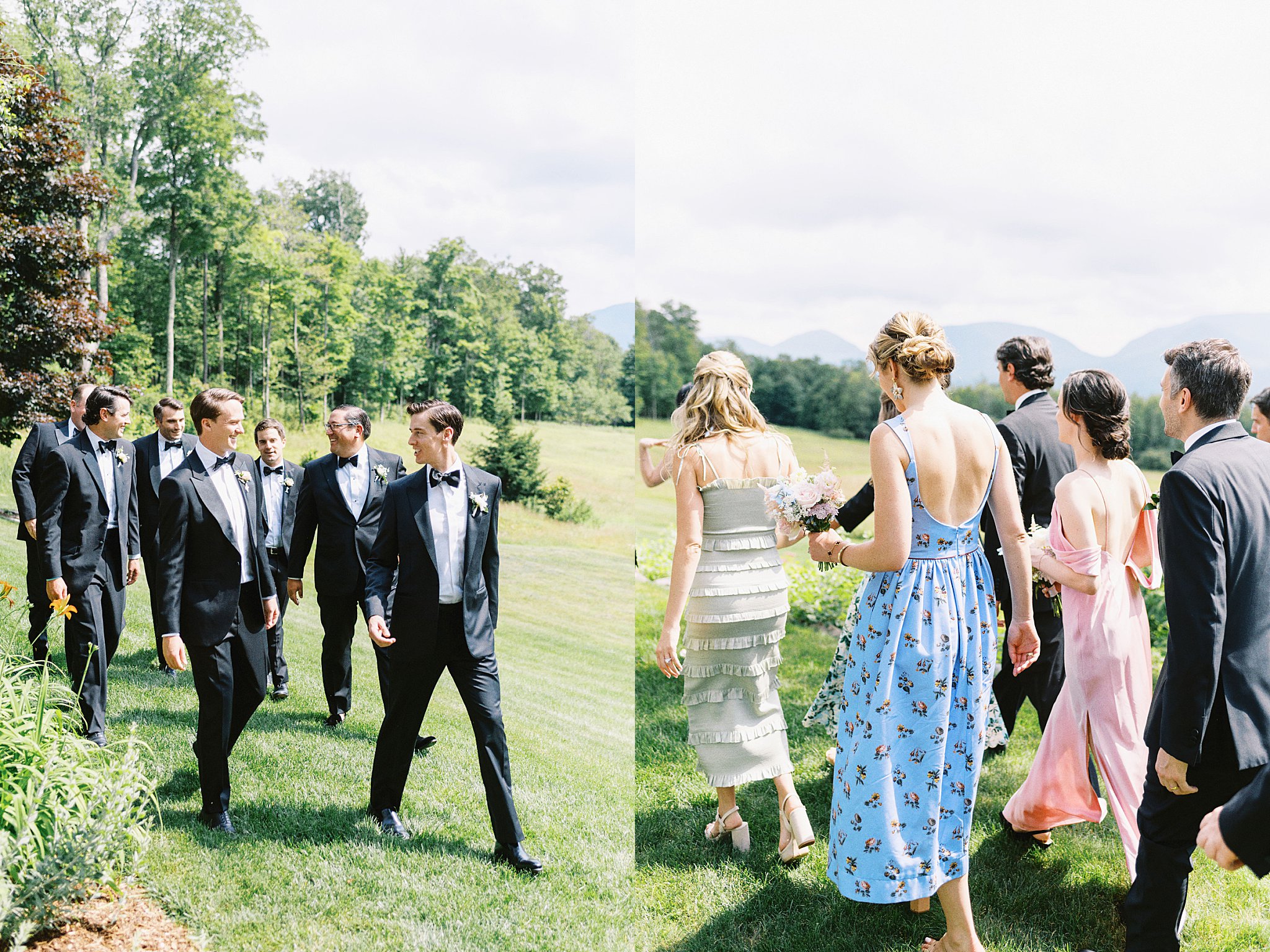 wedding party walks across lawn together by Catskills NY wedding photographer